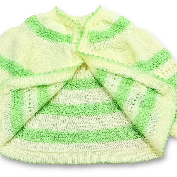 Vintage Handmade Pointelle Knit Mint Butter Yellow Stripe Cardigan Sweater 12-24 - Picture 4 of 5